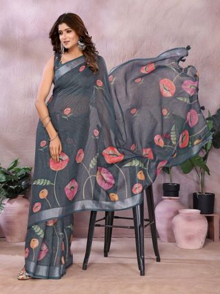 Charcoal Bloom Printed Linen Cotton Saree With Silver Edge