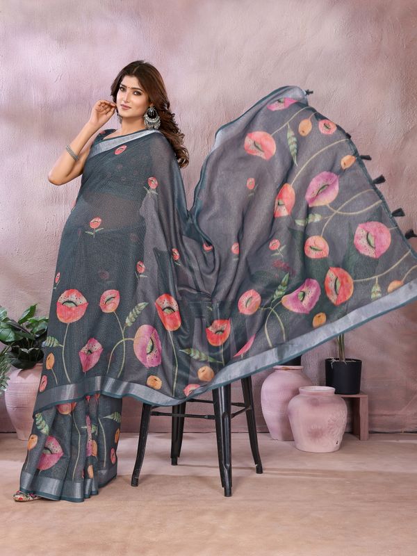Charcoal Bloom Printed Linen Cotton Saree With Silver Edge
