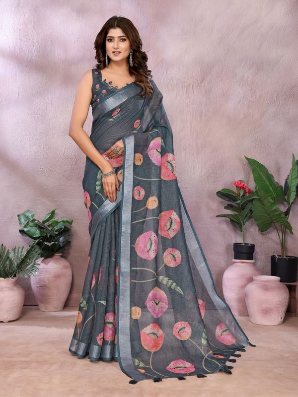 Charcoal Bloom Printed Linen Cotton Saree With Silver Edge