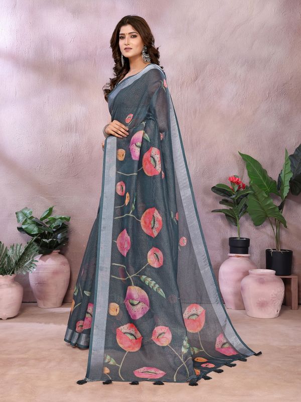 Charcoal Bloom Printed Linen Cotton Saree With Silver Edge