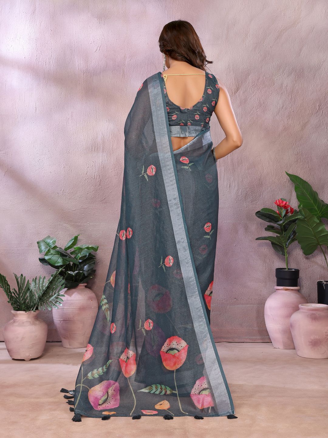Charcoal Bloom Printed Linen Cotton Saree With Silver Edge
