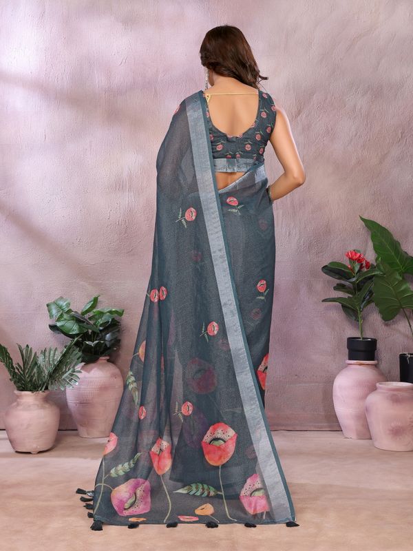 Charcoal Bloom Printed Linen Cotton Saree With Silver Edge