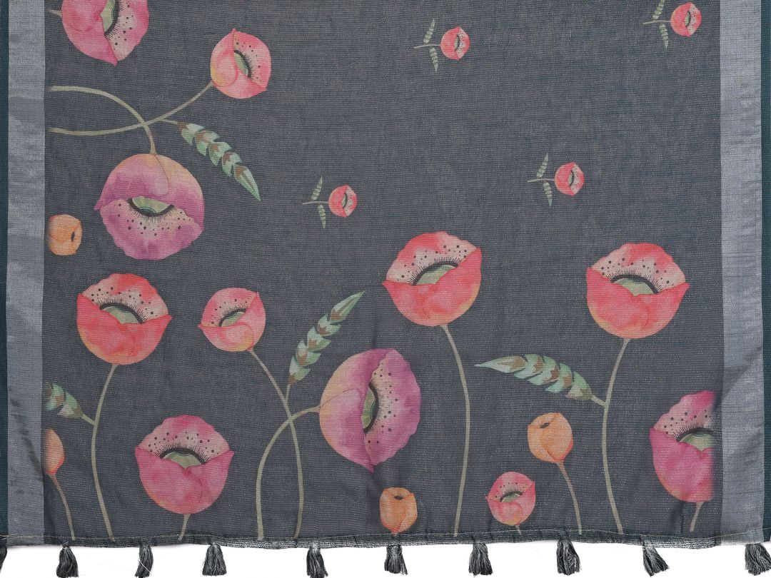 Charcoal Bloom Printed Linen Cotton Saree With Silver Edge