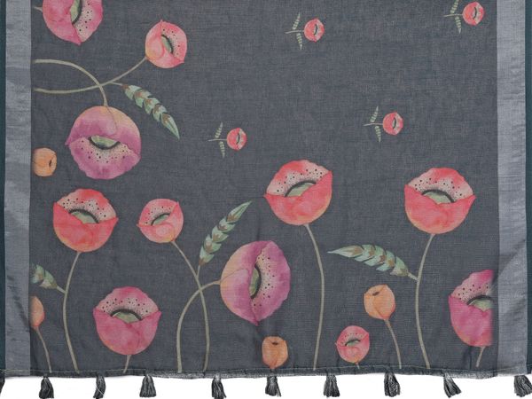 Charcoal Bloom Printed Linen Cotton Saree With Silver Edge