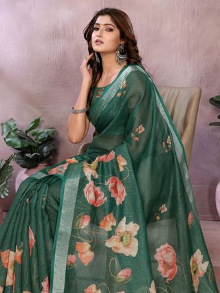 Emerald Green Floral Shimmer Linen Cotton Saree With Tassel Edge