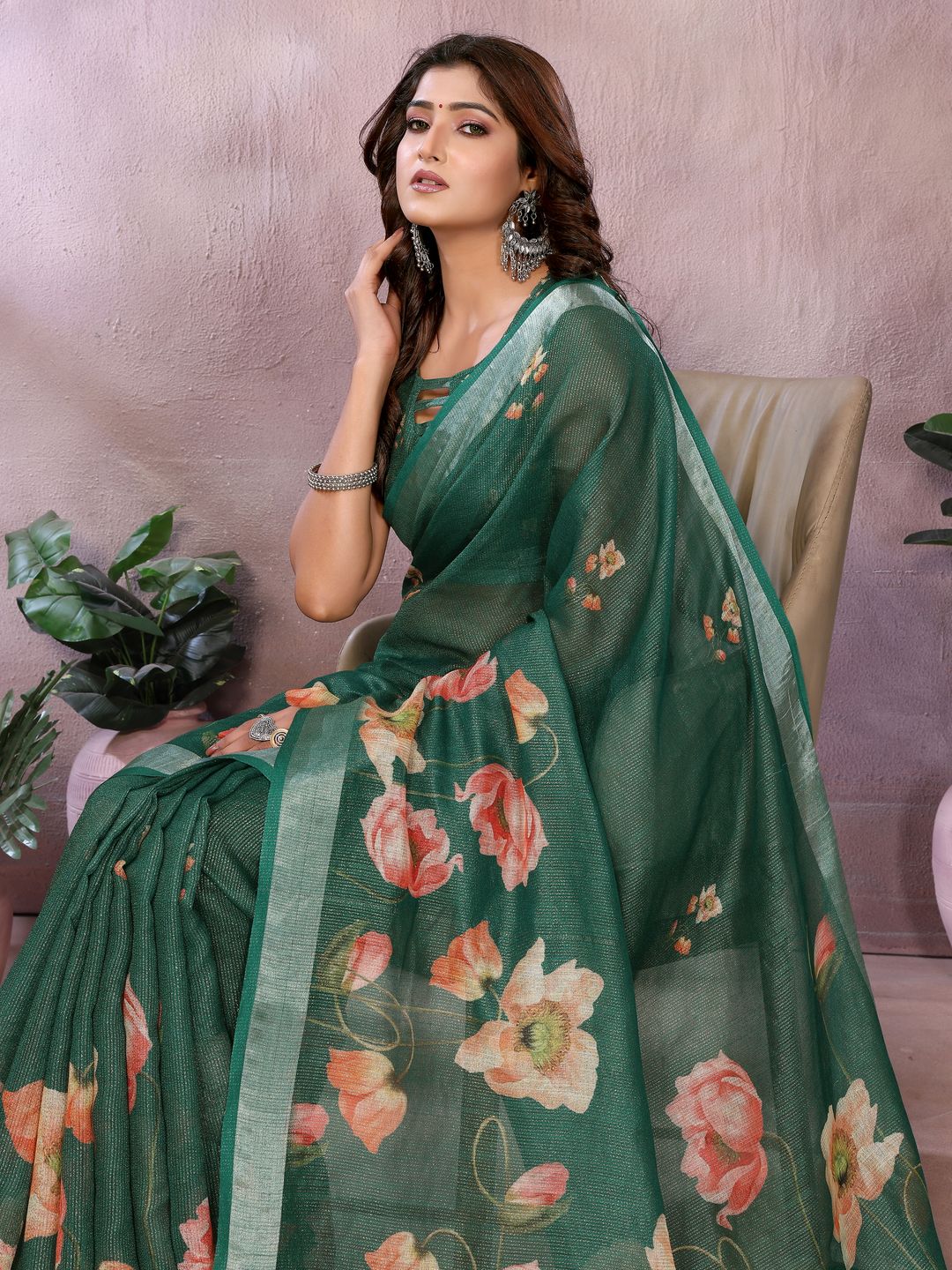 Emerald Green Floral Shimmer Linen Cotton Saree With Tassel Edge