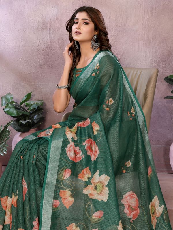 Emerald Green Floral Shimmer Linen Cotton Saree With Tassel Edge