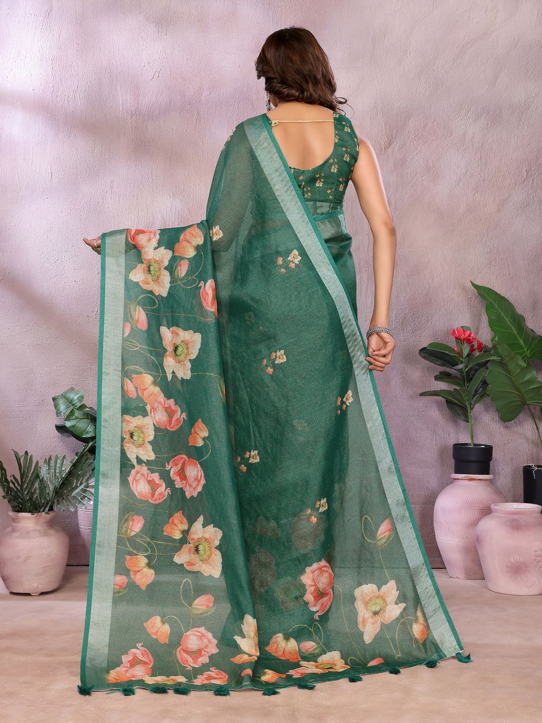 Emerald Green Floral Shimmer Linen Cotton Saree With Tassel Edge