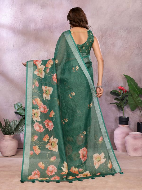 Emerald Green Floral Shimmer Linen Cotton Saree With Tassel Edge