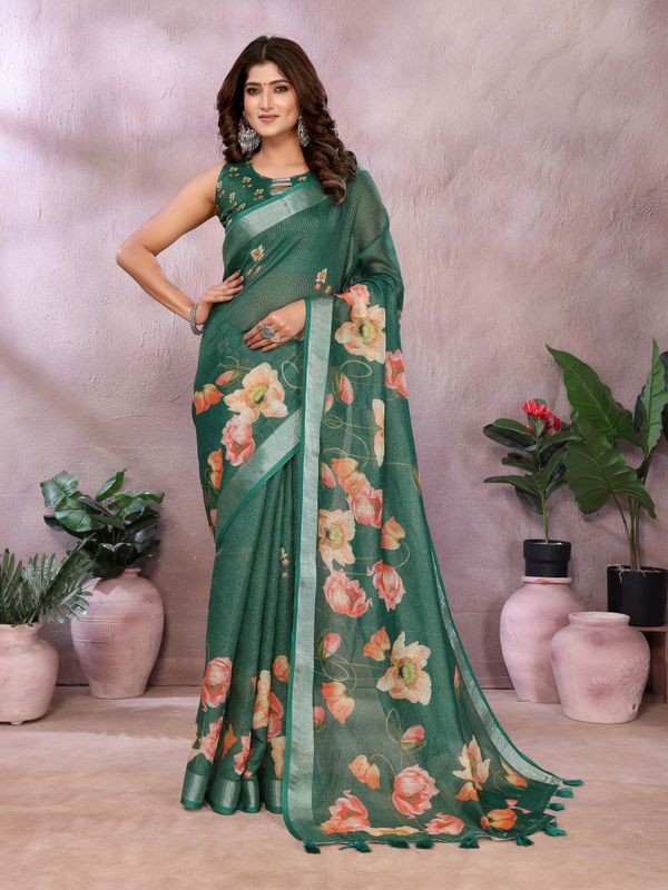 Emerald Green Floral Shimmer Linen Cotton Saree With Tassel Edge