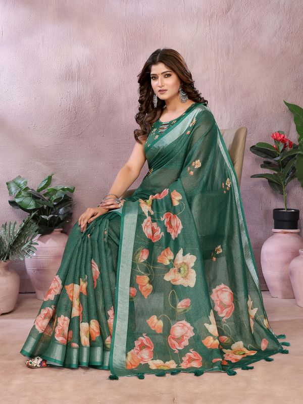 Emerald Green Floral Shimmer Linen Cotton Saree With Tassel Edge