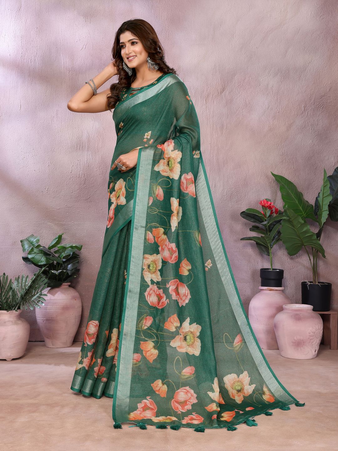 Emerald Green Floral Shimmer Linen Cotton Saree With Tassel Edge