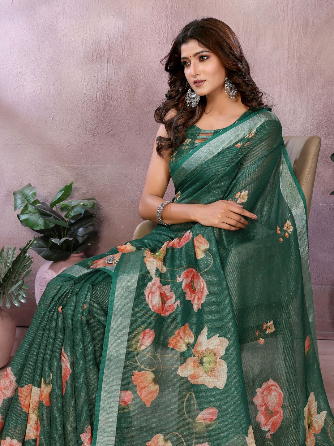 Emerald Green Floral Shimmer Linen Cotton Saree With Tassel Edge