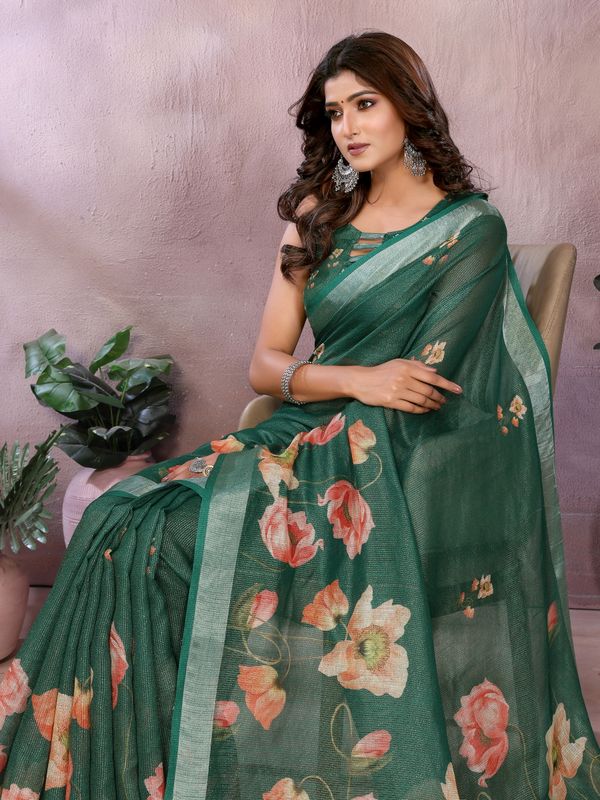 Emerald Green Floral Shimmer Linen Cotton Saree With Tassel Edge