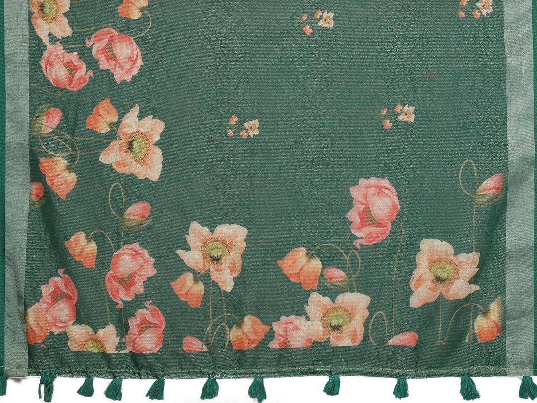 Emerald Green Floral Shimmer Linen Cotton Saree With Tassel Edge