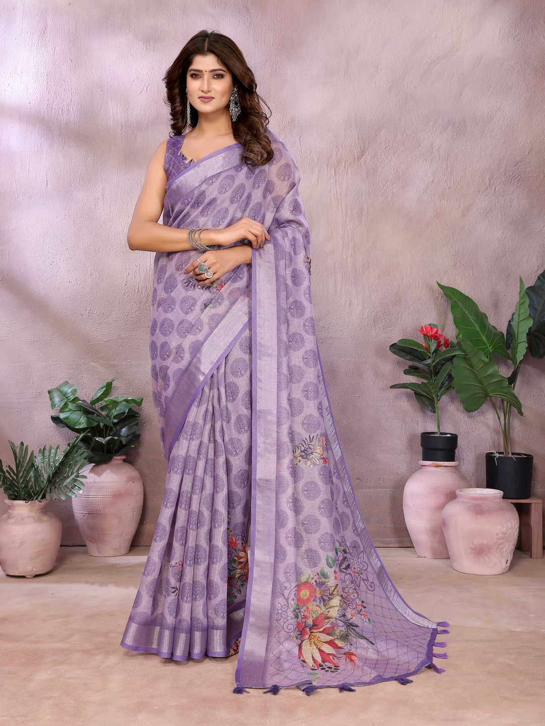 Lavender Paisley Floral Shimmer Linen Cotton Saree