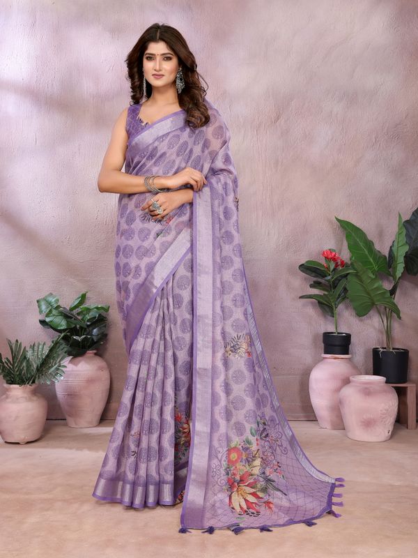 Lavender Paisley Floral Shimmer Linen Cotton Saree