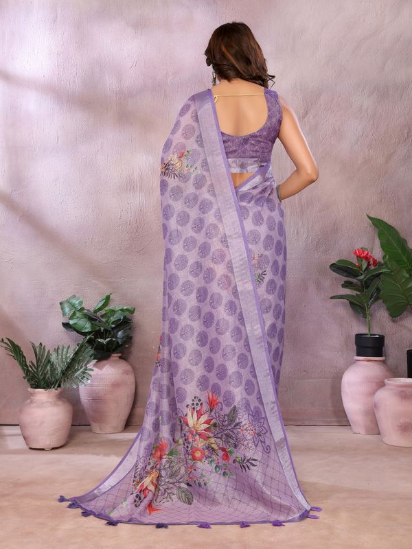 Lavender Paisley Floral Shimmer Linen Cotton Saree