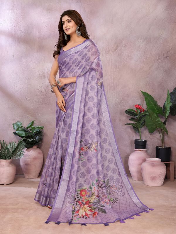 Lavender Paisley Floral Shimmer Linen Cotton Saree