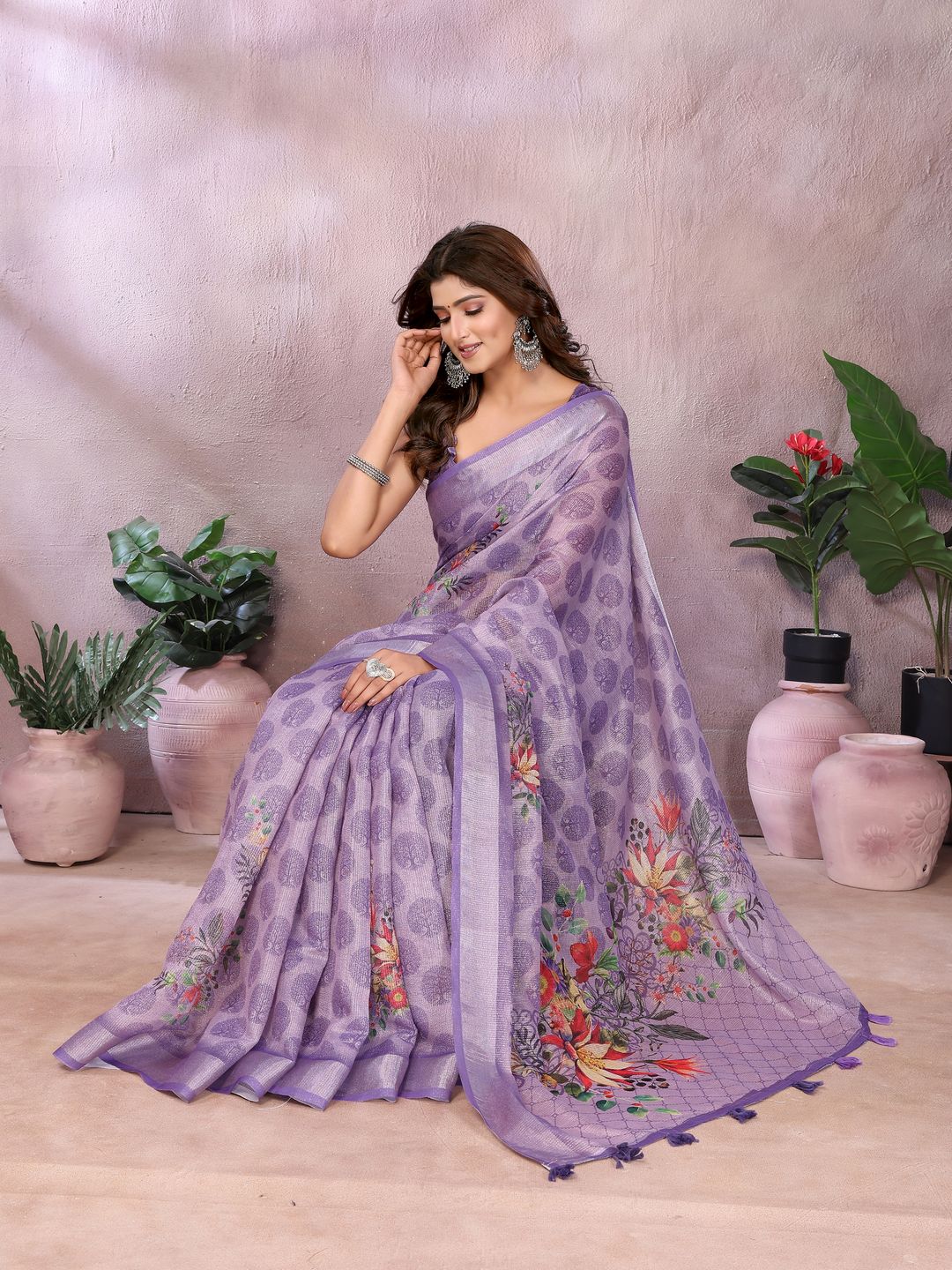 Lavender Paisley Floral Shimmer Linen Cotton Saree