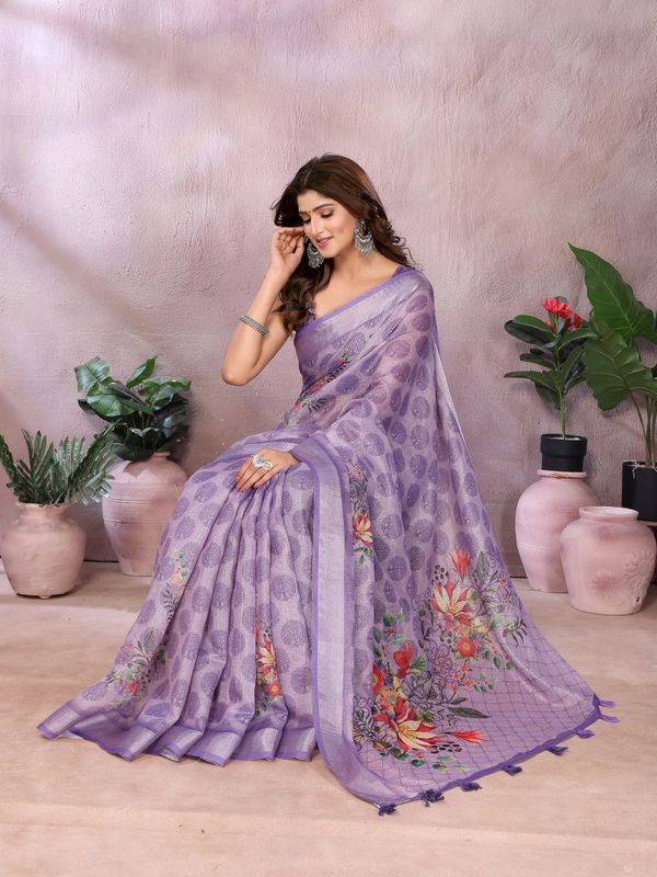 Lavender Paisley Floral Shimmer Linen Cotton Saree