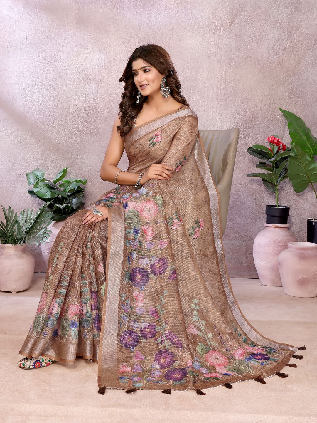 Mocha Floral Shimmer Linen Cotton Saree With Floral Tassels