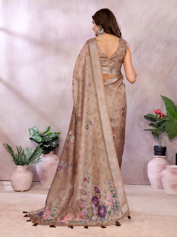 Mocha Floral Shimmer Linen Cotton Saree With Floral Tassels
