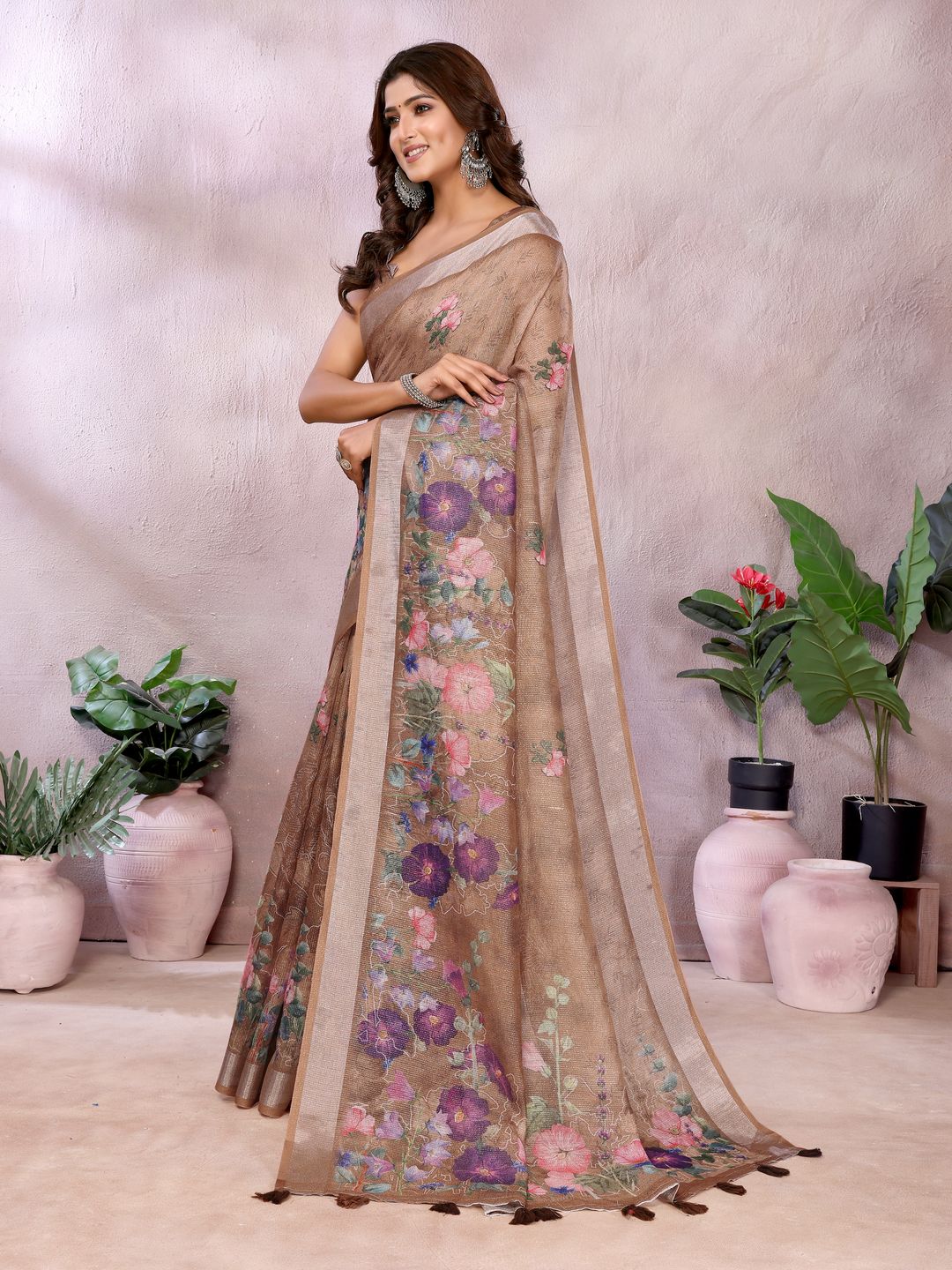 Mocha Floral Shimmer Linen Cotton Saree With Floral Tassels