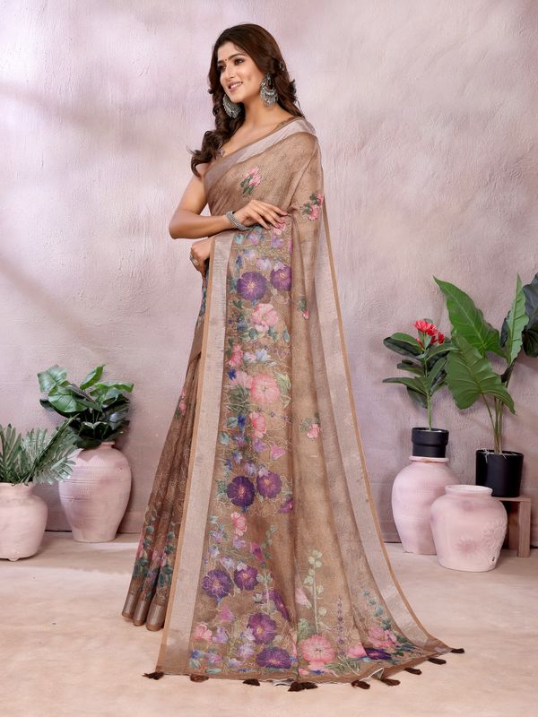 Mocha Floral Shimmer Linen Cotton Saree With Floral Tassels
