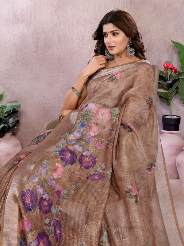 Mocha Floral Shimmer Linen Cotton Saree With Floral Tassels