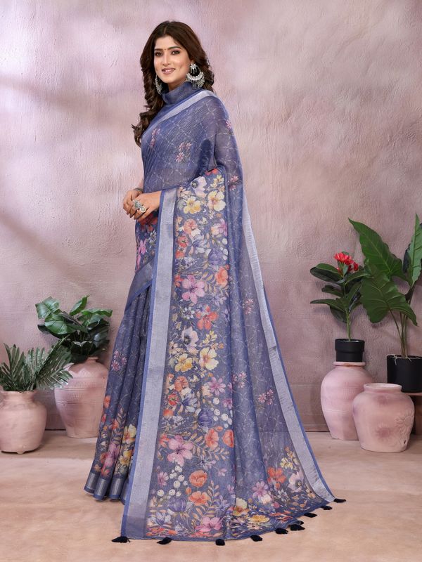 Blue Floral Printed Shimmer Linen Cotton Saree with Borders