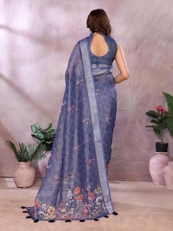 Blue Floral Printed Shimmer Linen Cotton Saree with Borders