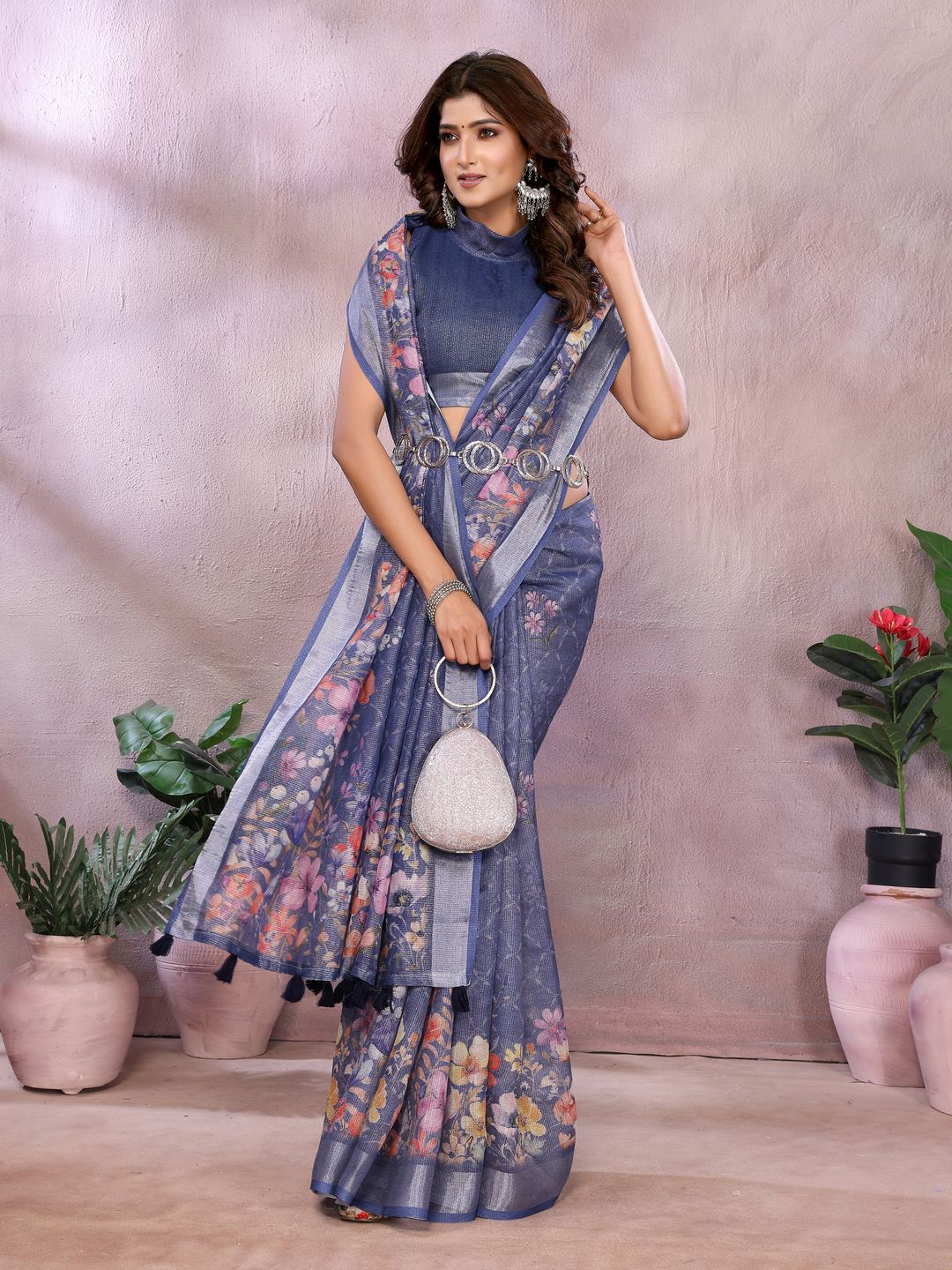 Blue Floral Printed Shimmer Linen Cotton Saree with Borders