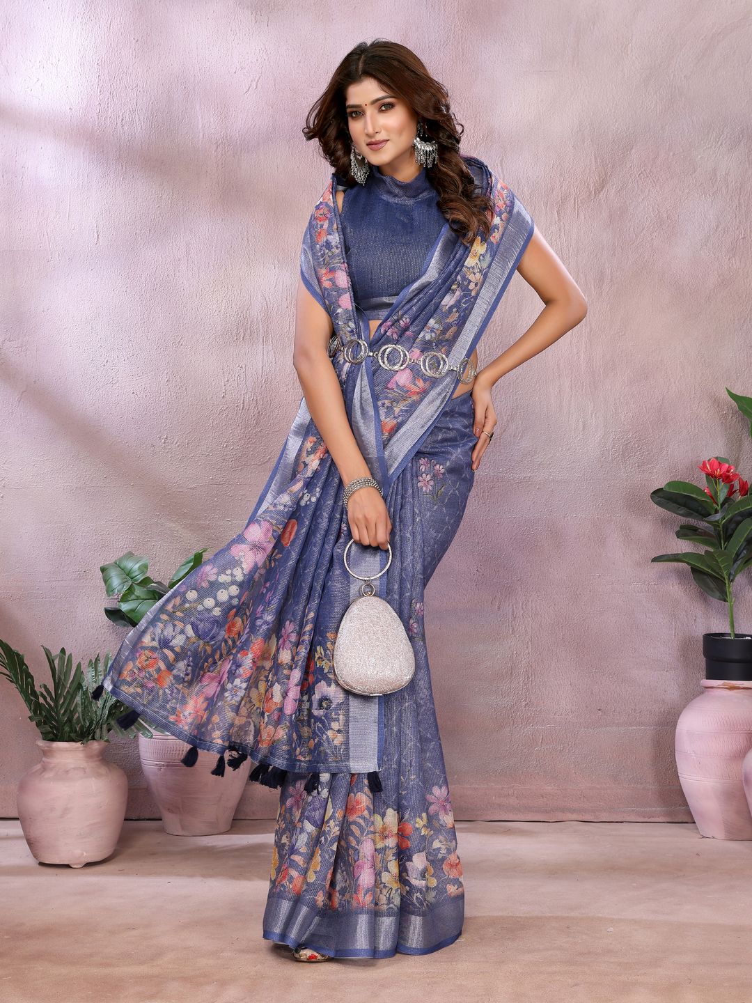 Blue Floral Printed Shimmer Linen Cotton Saree with Borders