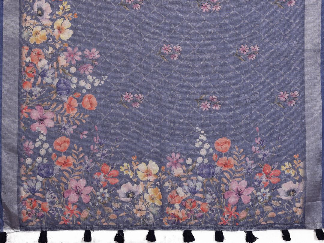 Blue Floral Printed Shimmer Linen Cotton Saree with Borders