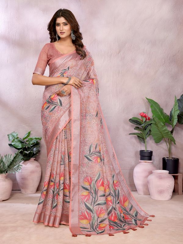 Peach Floral Printed Shimmer Linen Cotton Saree for Women