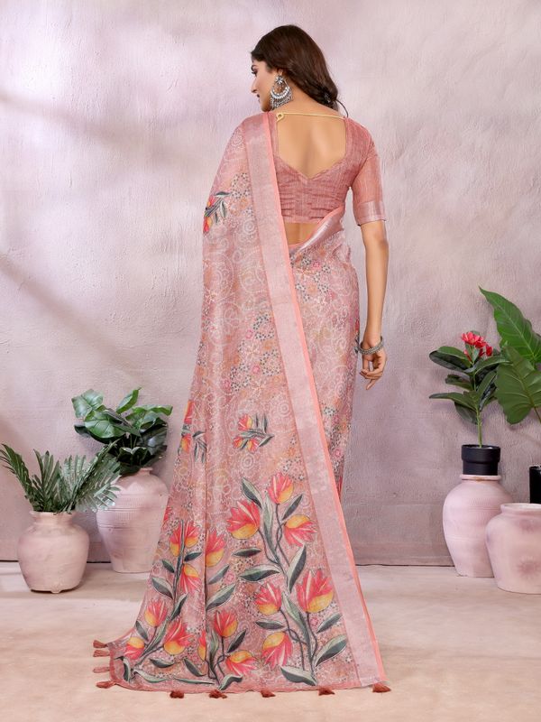 Peach Floral Printed Shimmer Linen Cotton Saree for Women