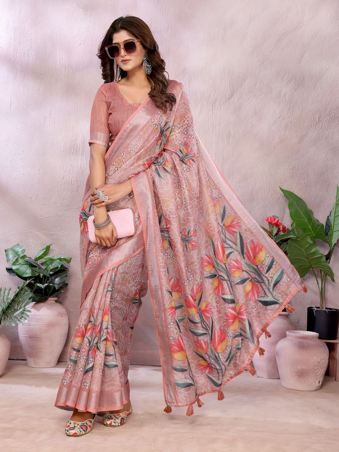 Peach Floral Printed Shimmer Linen Cotton Saree for Women