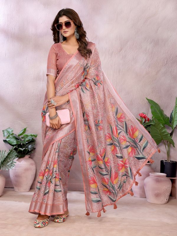 Peach Floral Printed Shimmer Linen Cotton Saree for Women