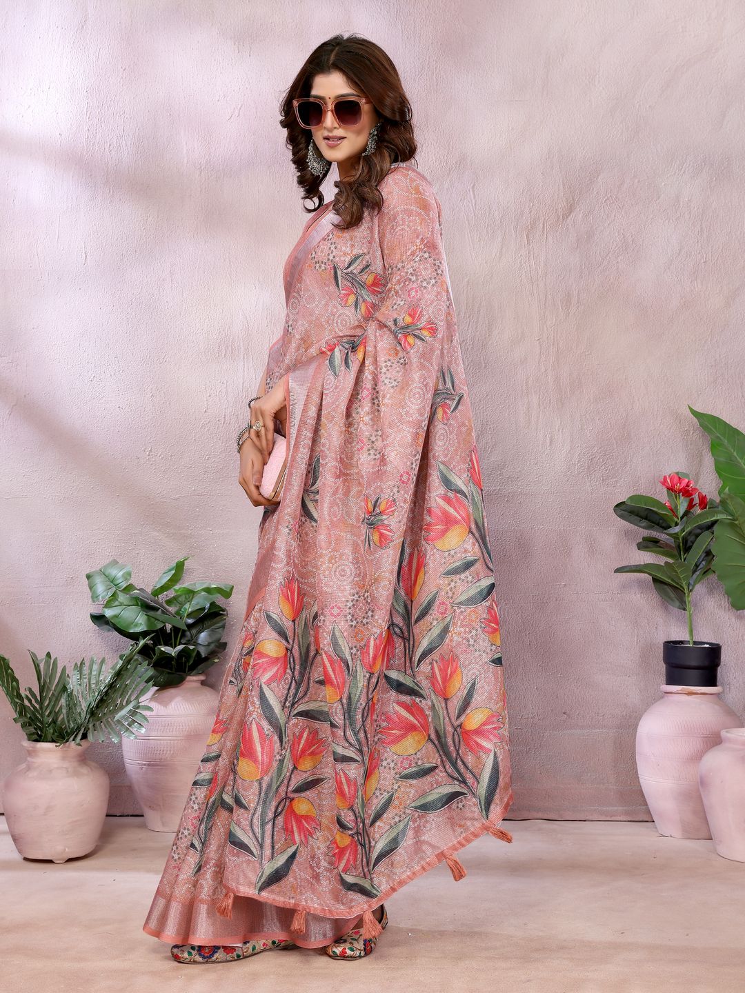 Peach Floral Printed Shimmer Linen Cotton Saree for Women