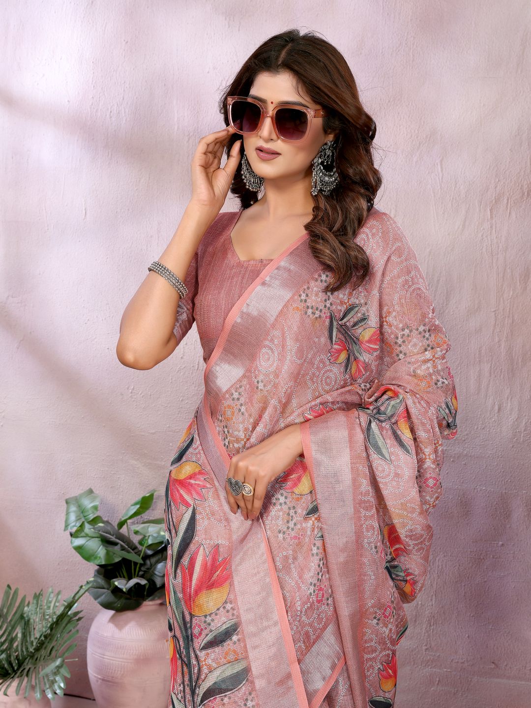 Peach Floral Printed Shimmer Linen Cotton Saree for Women