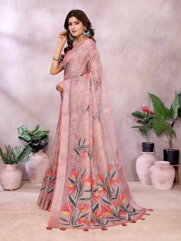 Peach Floral Printed Shimmer Linen Cotton Saree for Women