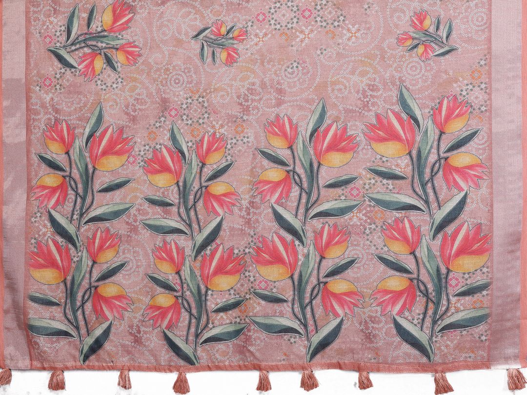 Peach Floral Printed Shimmer Linen Cotton Saree for Women