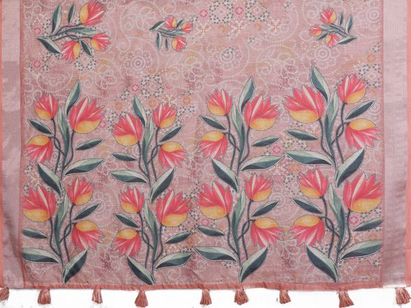 Peach Floral Printed Shimmer Linen Cotton Saree for Women