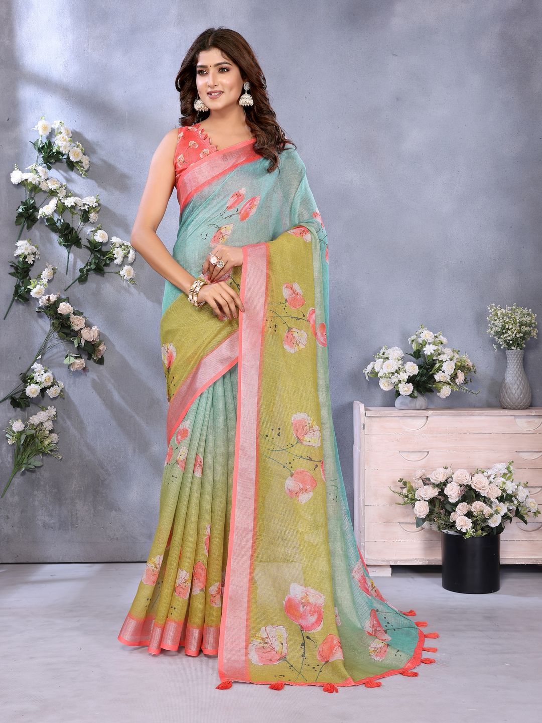 Mint Green Floral Printed Shimmer Linen Cotton Saree