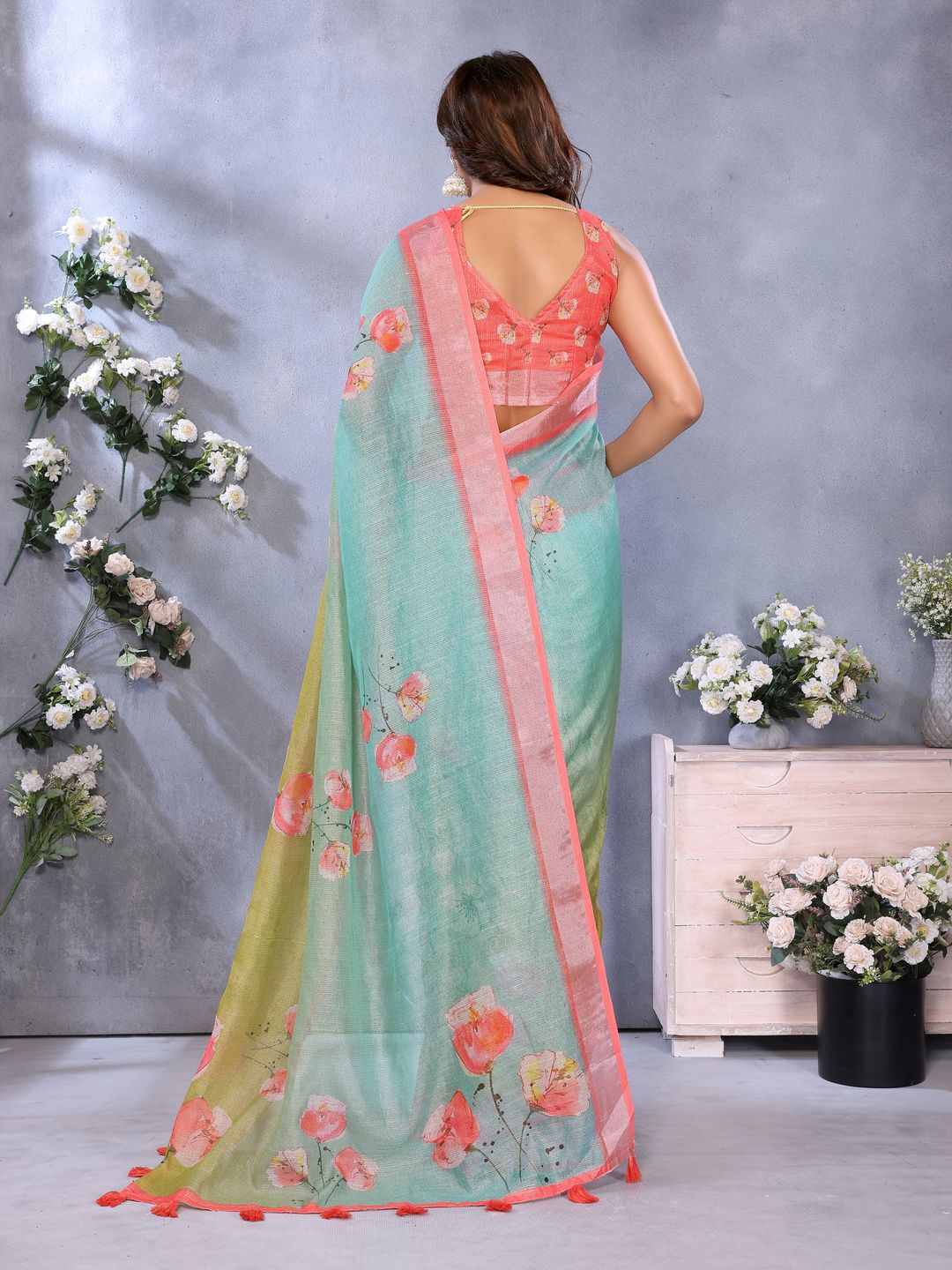 Mint Green Floral Printed Shimmer Linen Cotton Saree