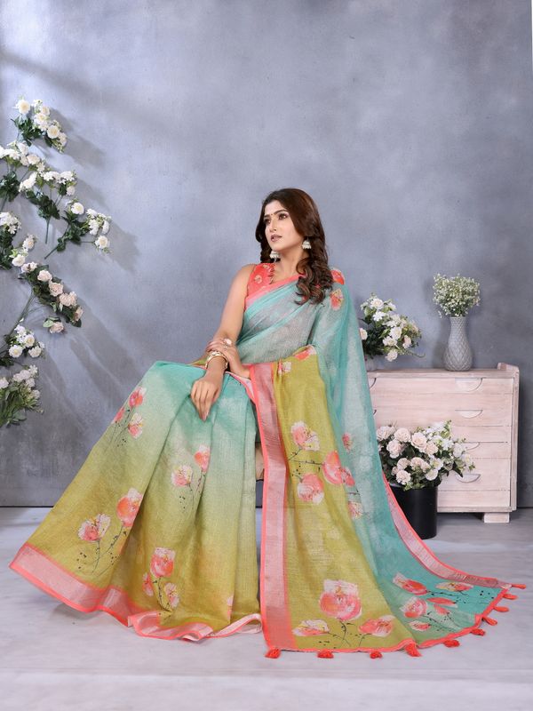 Mint Green Floral Printed Shimmer Linen Cotton Saree