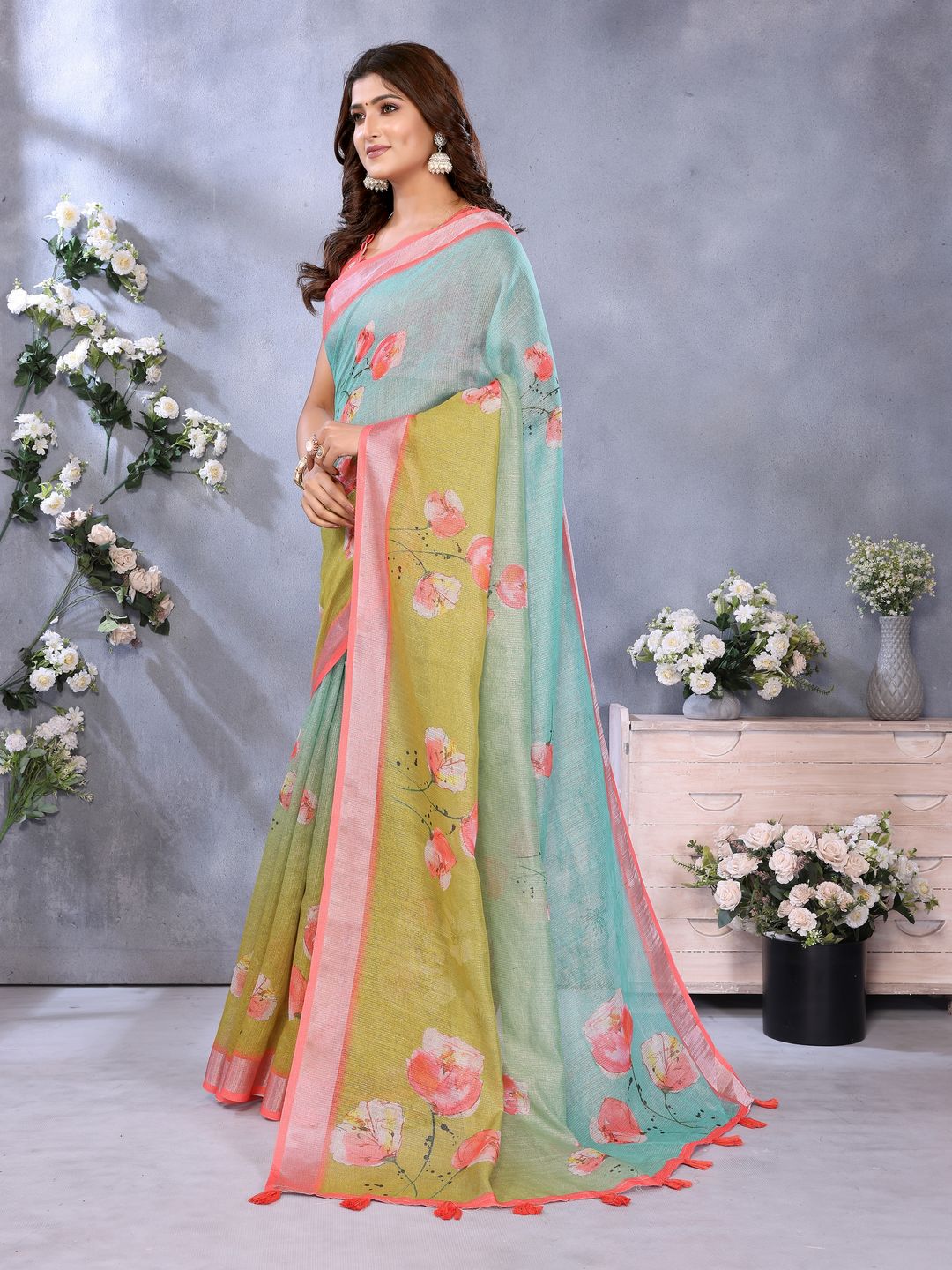 Mint Green Floral Printed Shimmer Linen Cotton Saree
