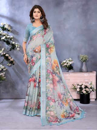 Aqua Blue Floral Shimmer Linen Cotton Saree for Women