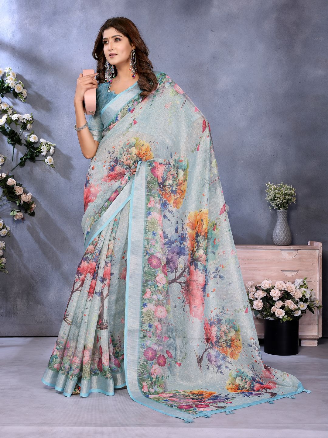 Aqua Blue Floral Shimmer Linen Cotton Saree for Women